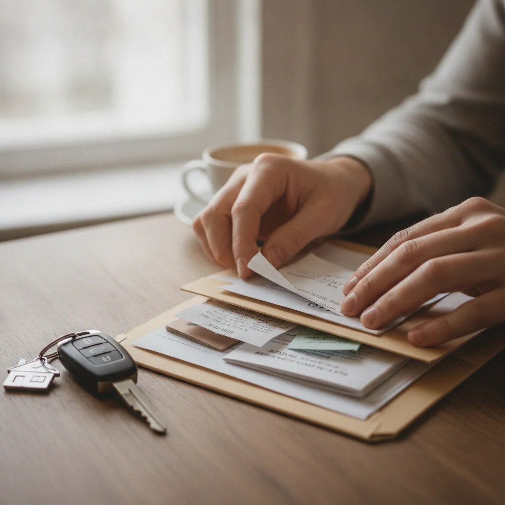 A folder of organized car service records and maintenance receipts placed next to car keys.
