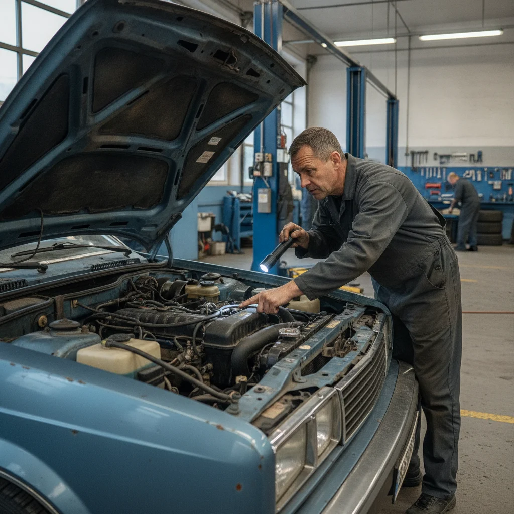 Mechanic conducting a pre-purchase inspection on a used car engine bay