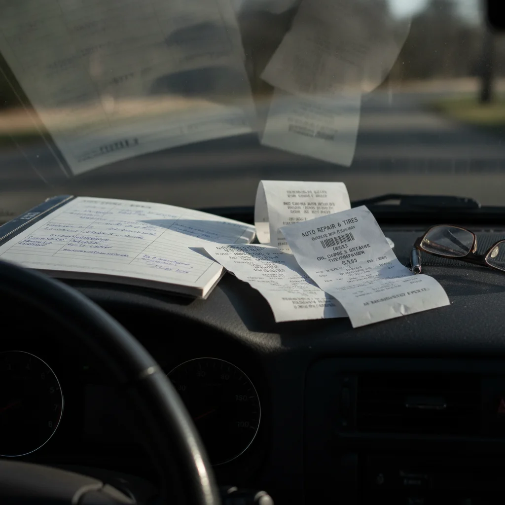 Vehicle maintenance records and service receipts laid out on a car dashboard
