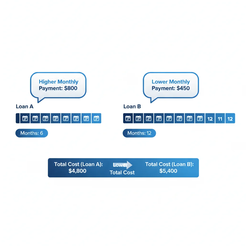 Infographic comparing a shorter loan timeline with higher payments versus a longer timeline with lower payments and higher total cost