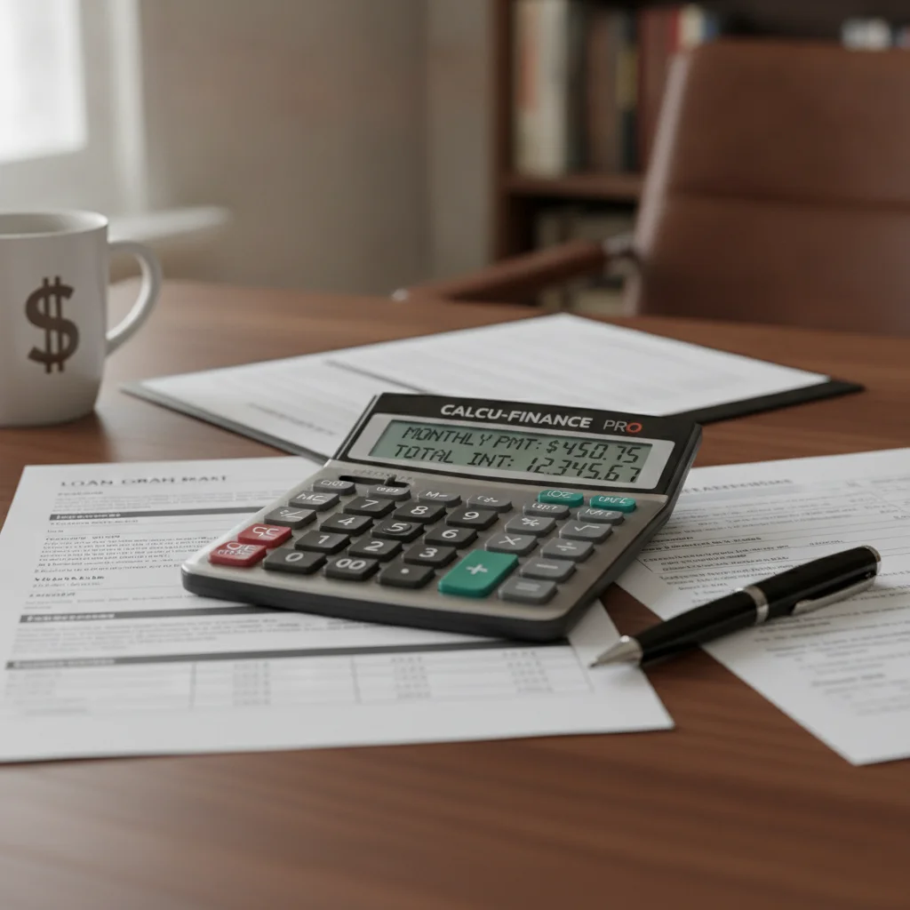Financial calculator and loan documents on a desk showing a monthly payment and total interest comparison
