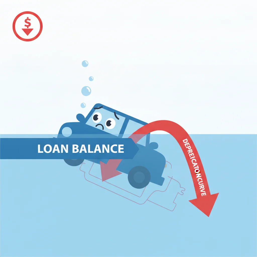 Conceptual illustration of a car underwater representing negative equity as loan balance exceeds vehicle value