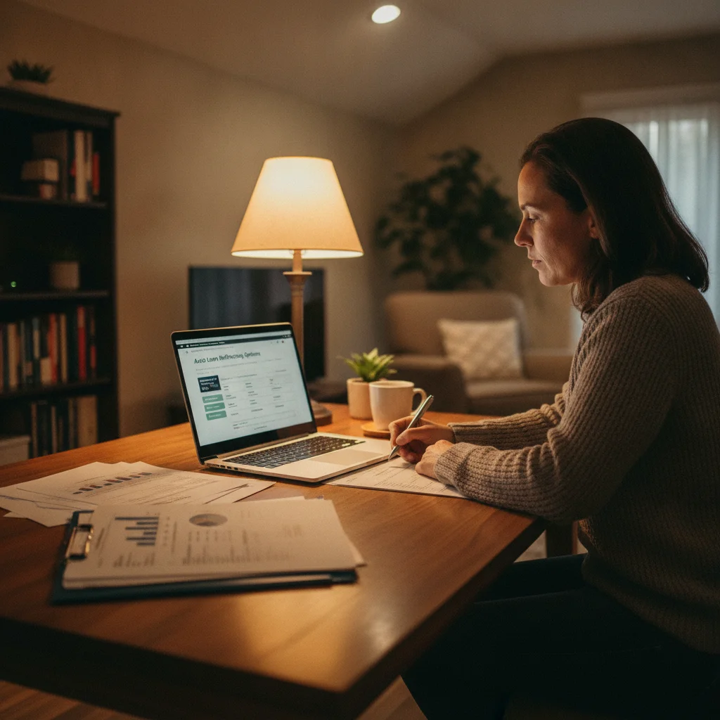 Person reviewing auto loan refinancing documents and comparing options on a laptop at a home desk