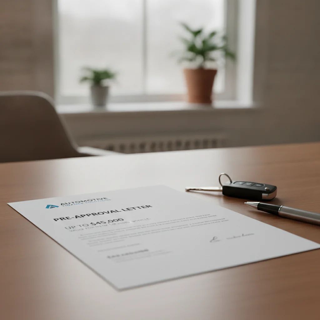 A printed auto loan preapproval letter resting beside car keys on a wooden desk