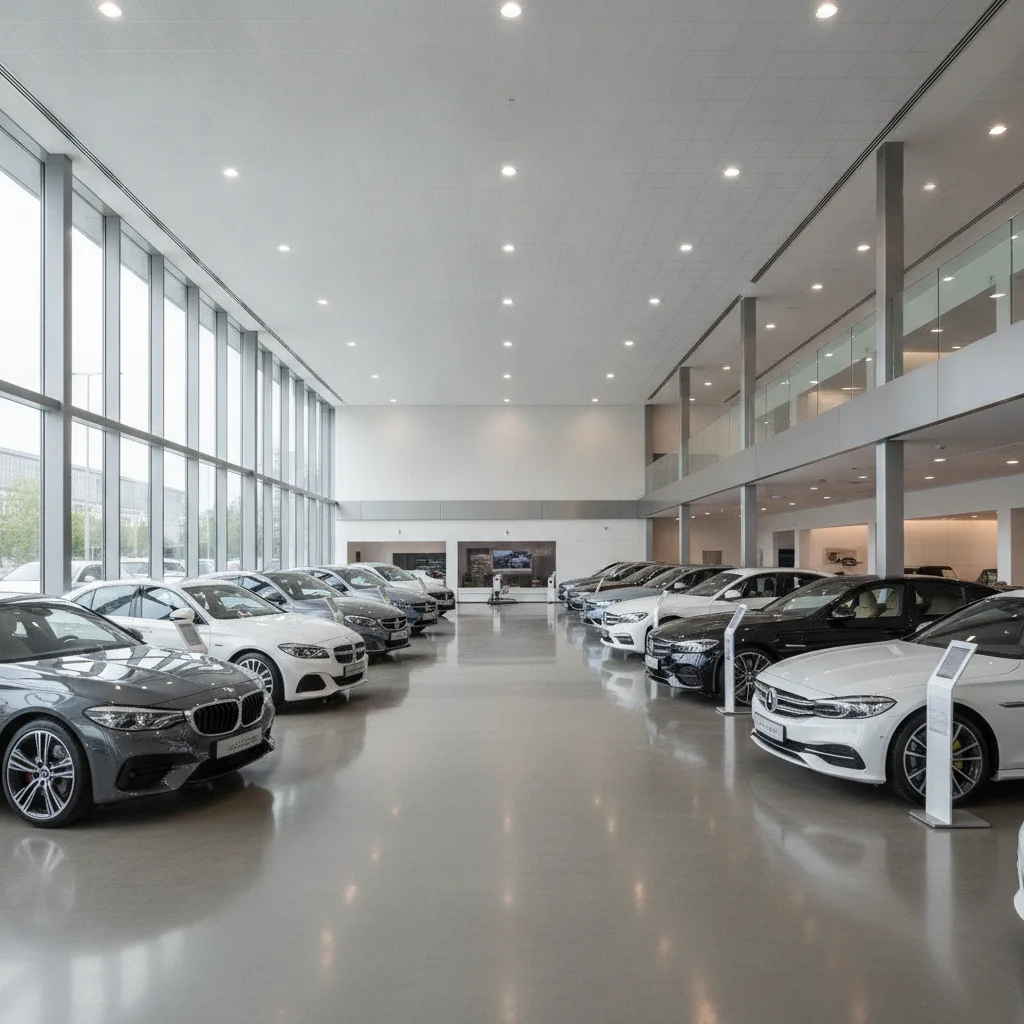 Empty car dealership showroom interior with rows of new vehicles under bright overhead lighting