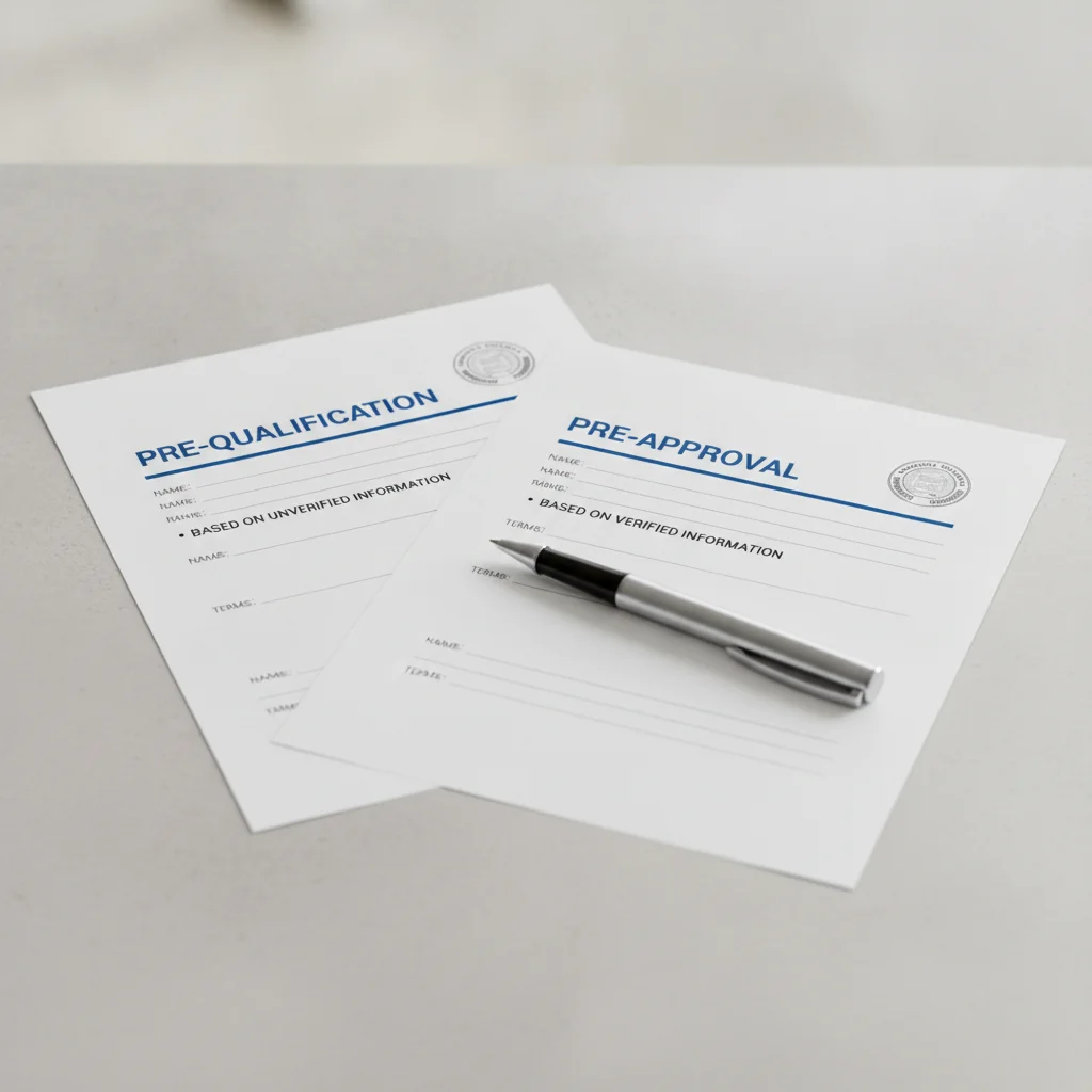 Two documents side by side representing a prequalification estimate versus a formal preapproval letter