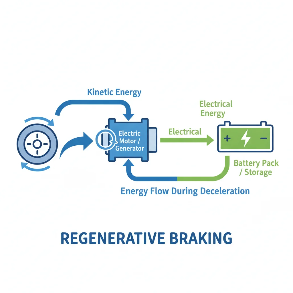 Infographic showing how regenerative braking converts kinetic energy back into battery electricity during deceleration