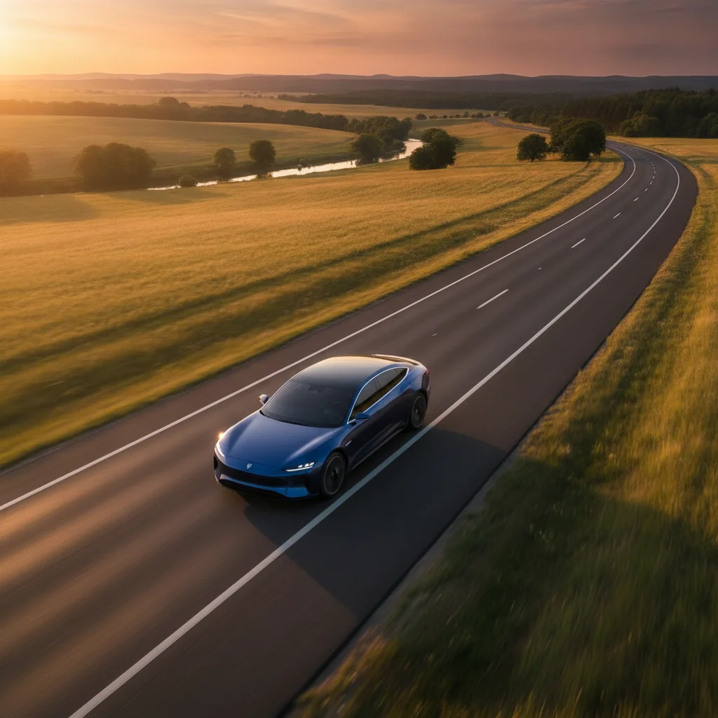 Electric vehicle cruising on a quiet highway at steady speed during golden hour with countryside in background