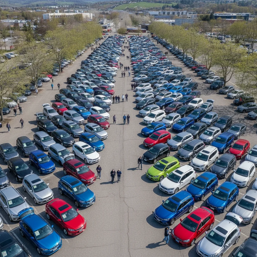 Aerial view of a spring outdoor used car market with buyers walking between rows of vehicles