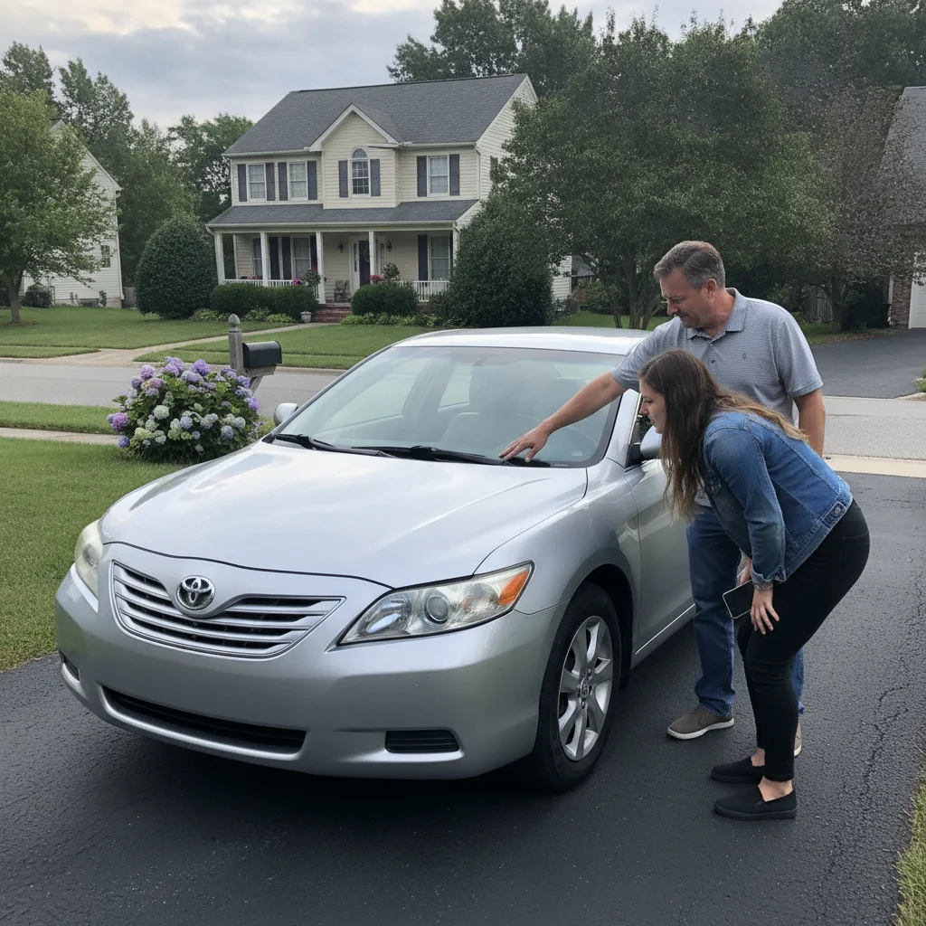 Private seller and buyer inspecting a clean used sedan on a residential driveway in daylight