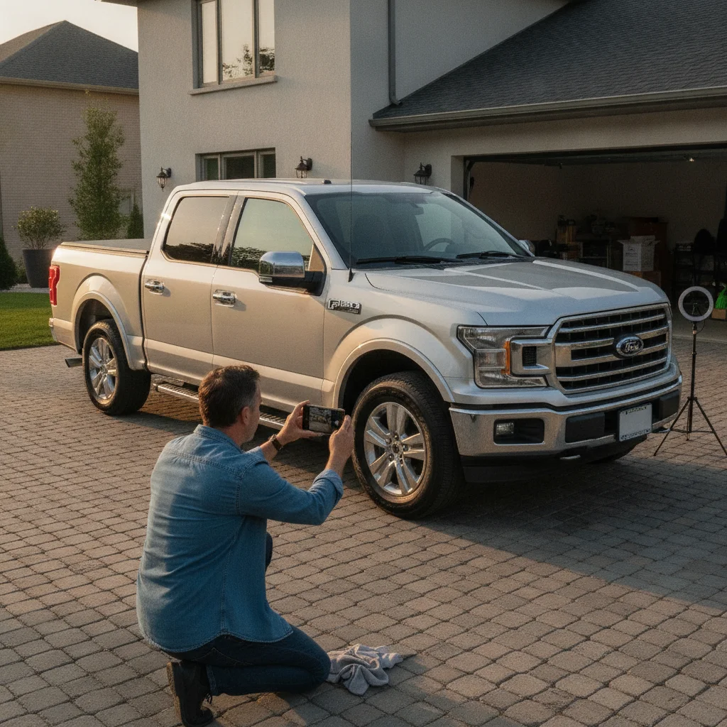 Person photographing a clean used pickup truck with a smartphone for a private sale listing