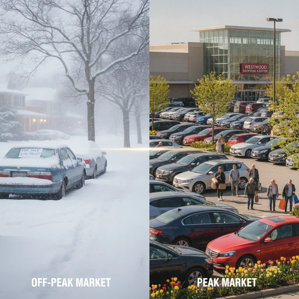 Split scene contrasting a quiet winter street with one for-sale car versus a busy spring car lot