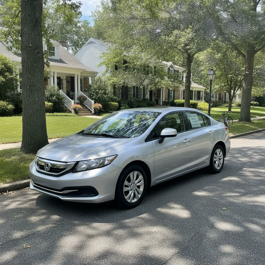 A clean used sedan parked with a for sale by owner sign in the window on a sunny day