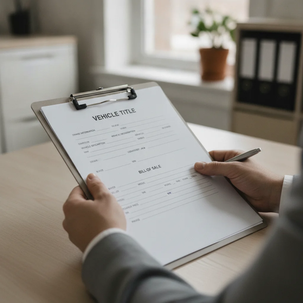 Hands reviewing vehicle title documents and a bill of sale on a clipboard