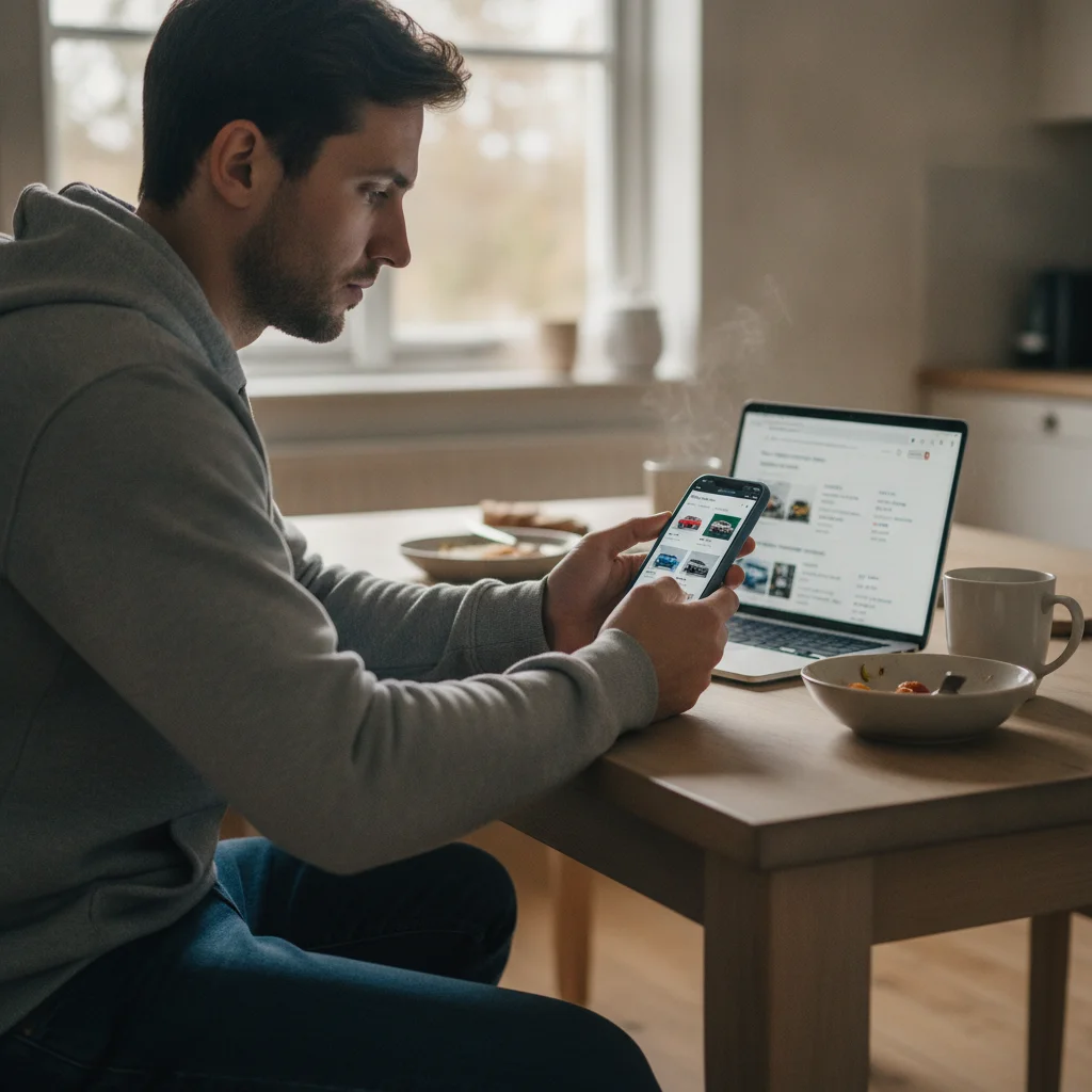 Person comparing used car listings on a smartphone and laptop at a kitchen table