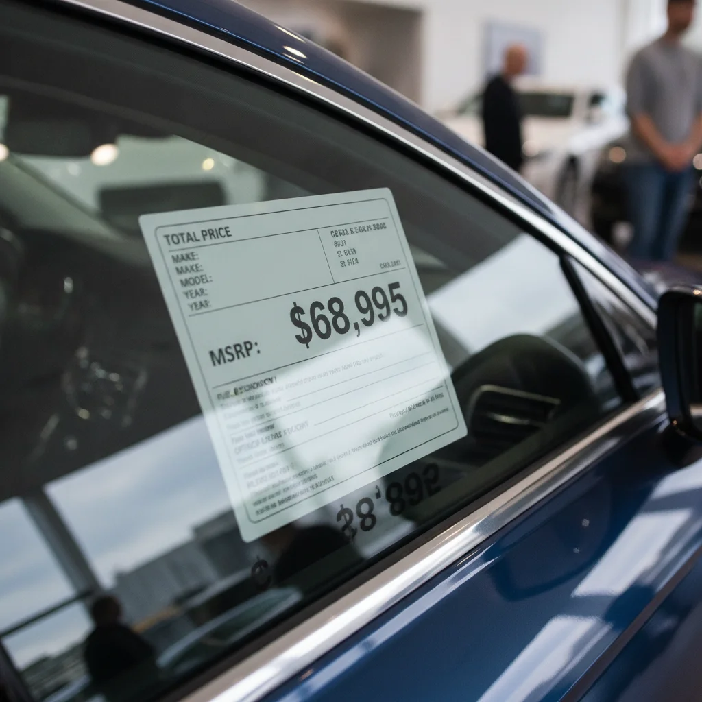 Car window sticker showing MSRP price in a dealership showroom