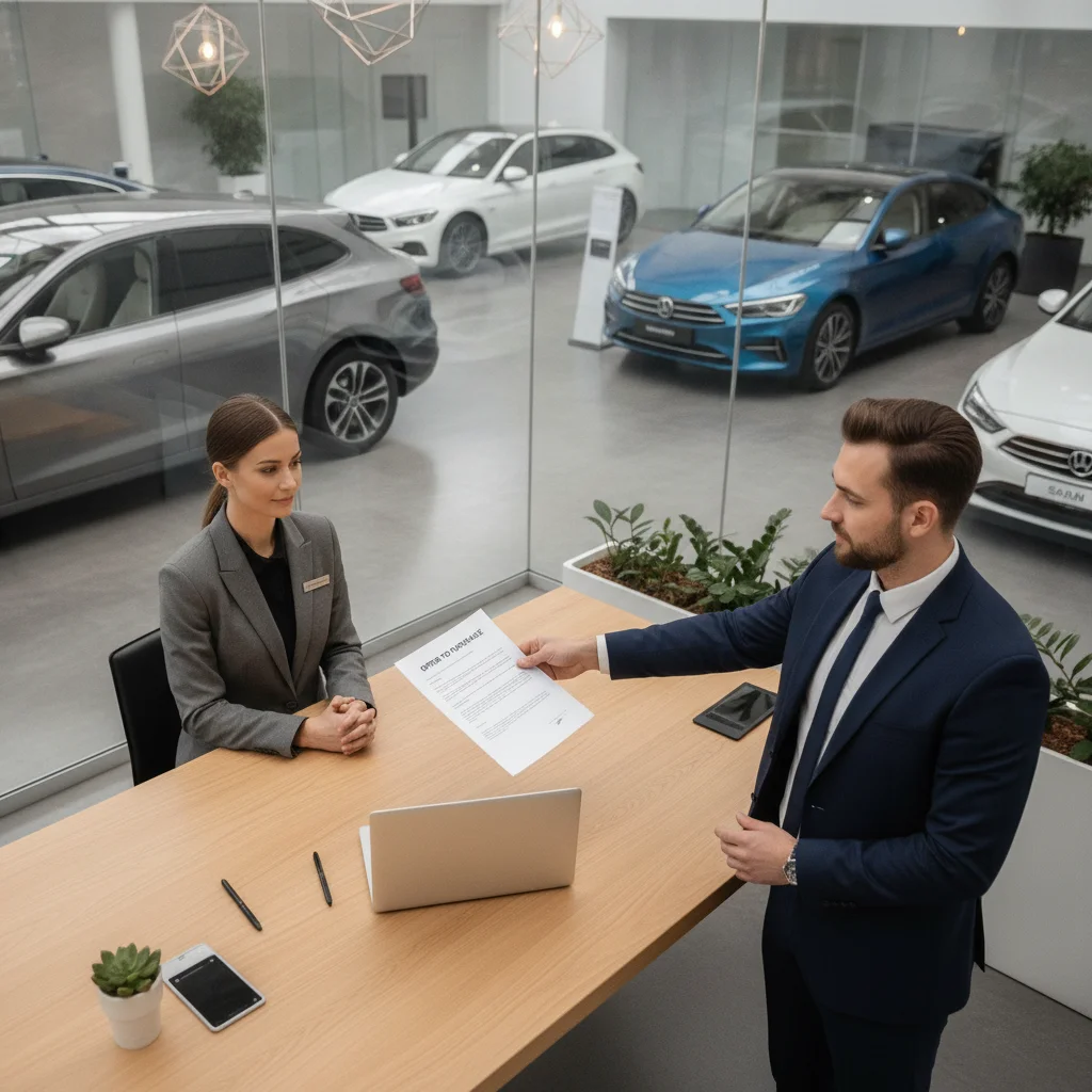 Car buyer presenting a printed competing dealer quote across a negotiation desk