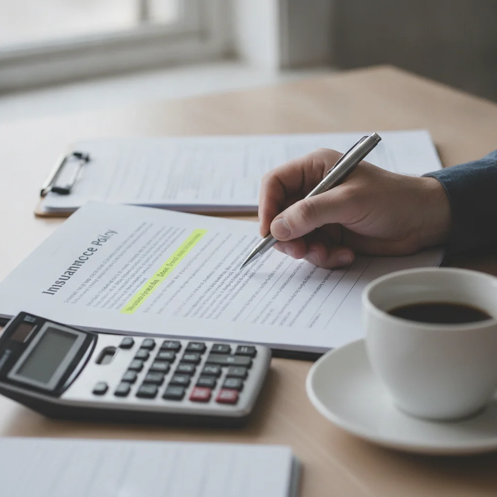 Hand holding a pen reviewing highlighted sections of an auto insurance policy document