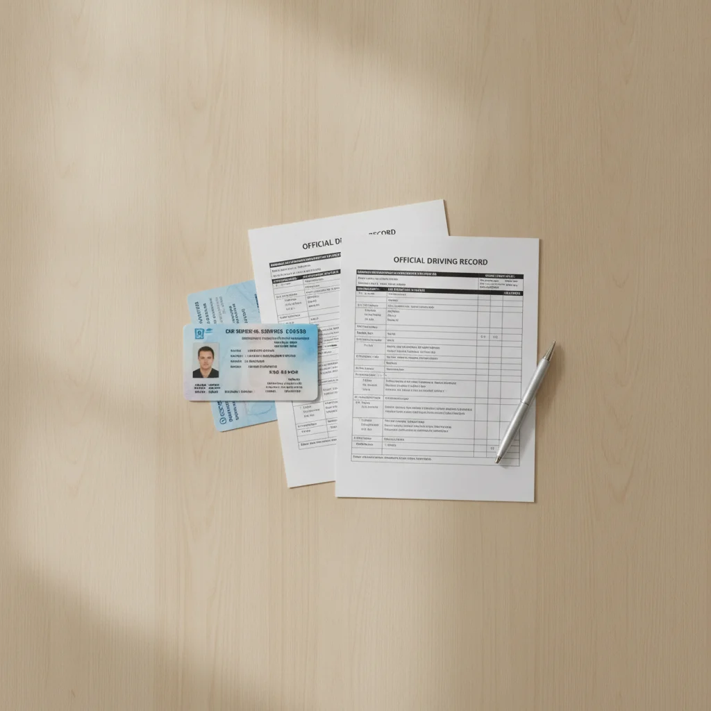 Driver's license, vehicle registration, and printed driving record report laid out on a table