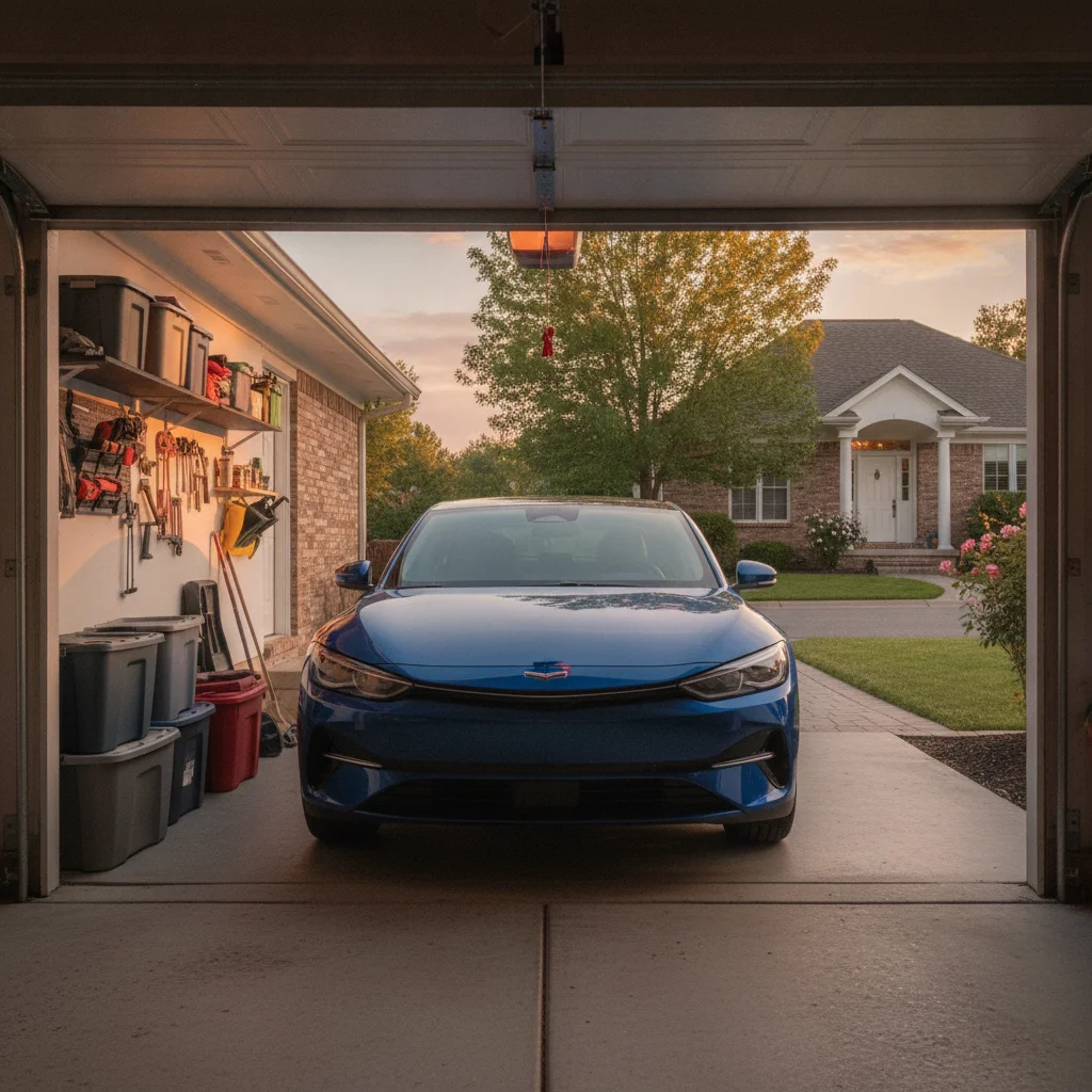 Car parked safely inside a residential garage with suburban home visible in background