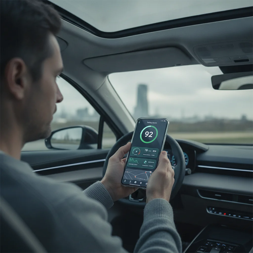 Person viewing a telematics driving behavior score dashboard on a smartphone app inside a parked car