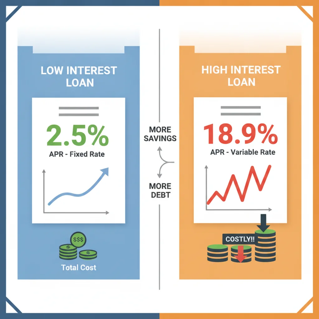 Two loan documents side by side contrasting low and high auto loan interest rates
