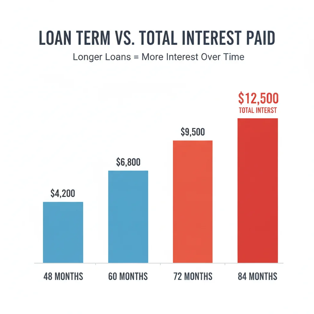 Bar chart showing how total interest paid increases as auto loan term length extends