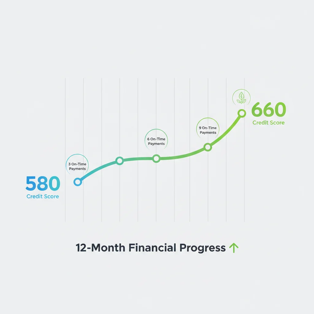 Credit score timeline showing improvement from subprime to near-prime range over 12 months