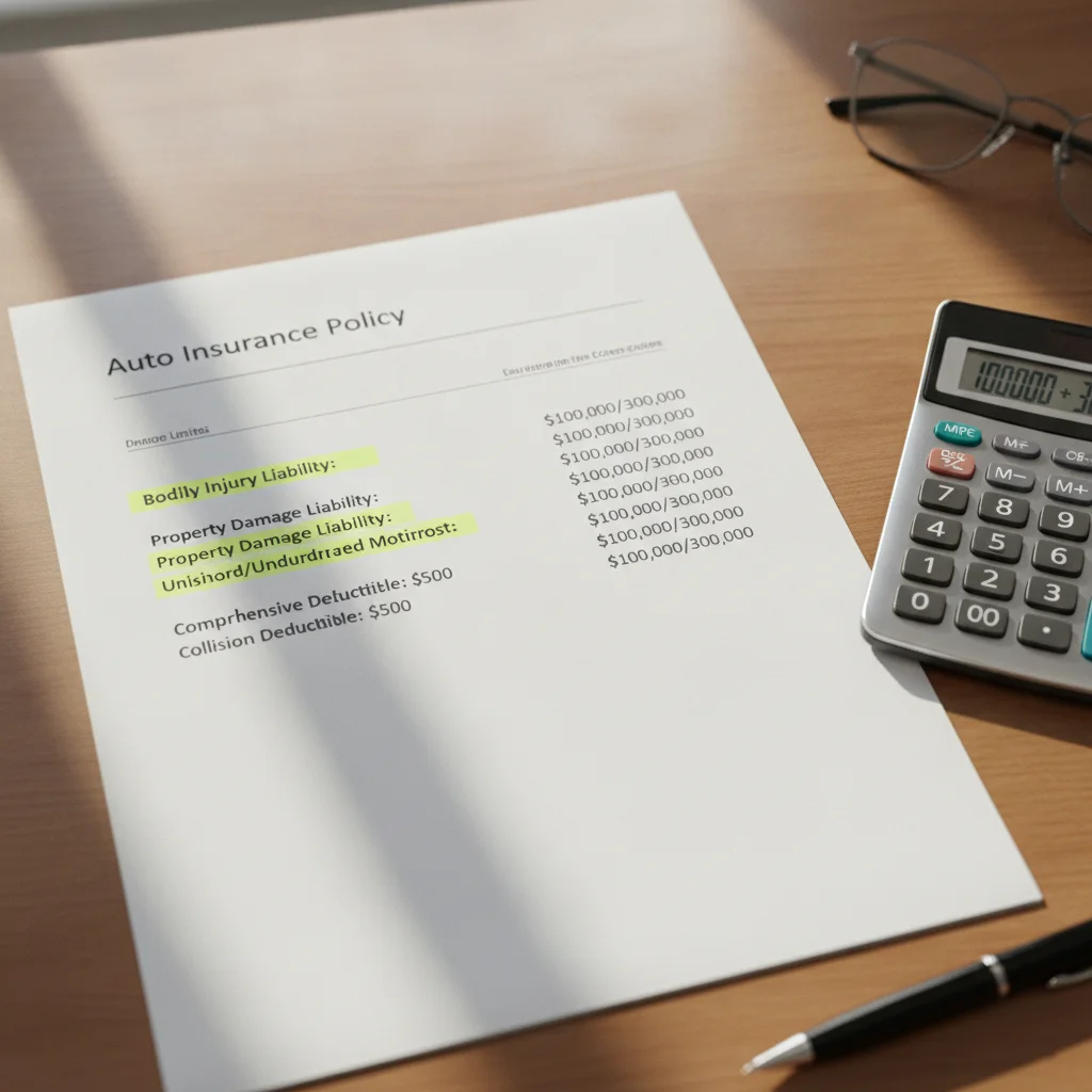 Auto insurance policy document with liability limit numbers highlighted next to a calculator on a desk