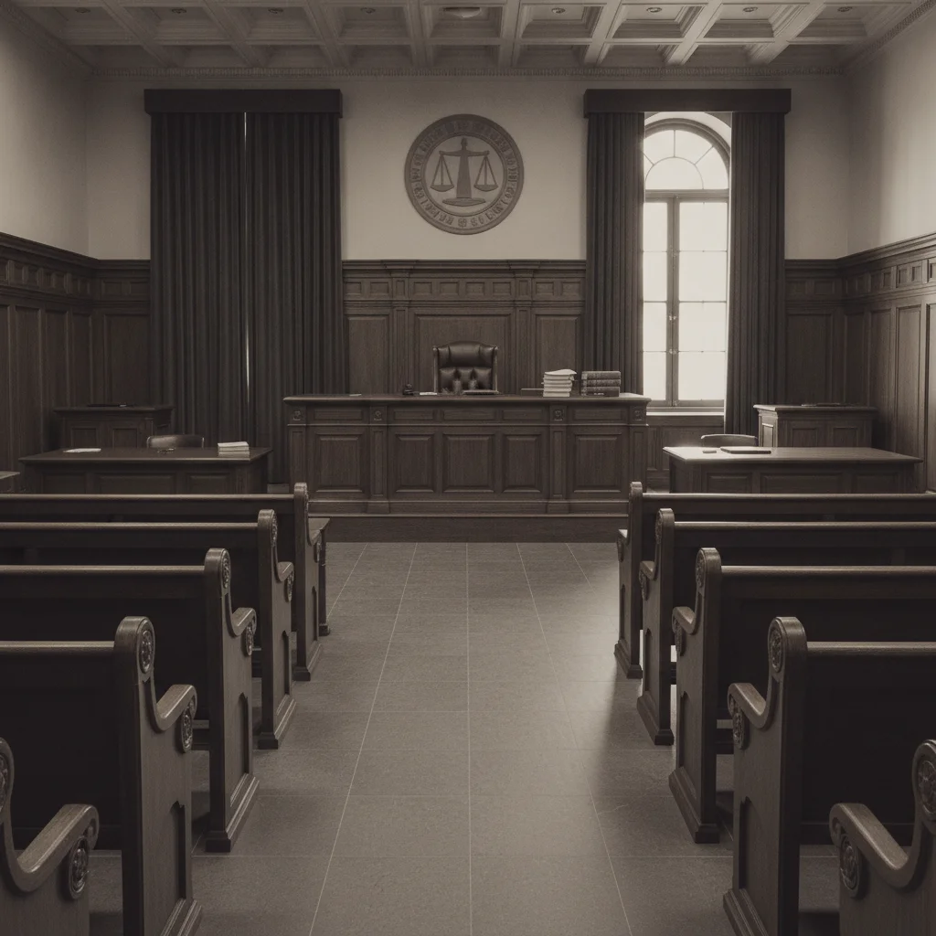 Empty courtroom interior with wooden benches representing civil litigation after an auto accident