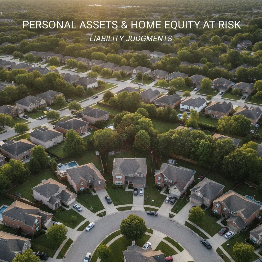 Aerial view of a suburban neighborhood with homes and vehicles representing personal assets at risk