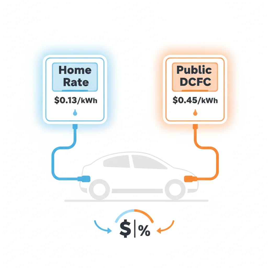 Side-by-side comparison of home electricity rate versus public DC fast charging cost per kilowatt-hour