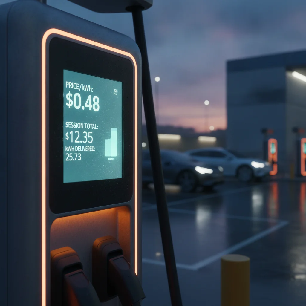 DC fast charger display screen showing per-kWh pricing and running session cost total at highway charging plaza