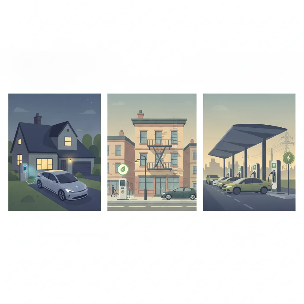 Three EV charging scenarios illustrated: home garage charging, apartment street charging, and highway fast charging stop