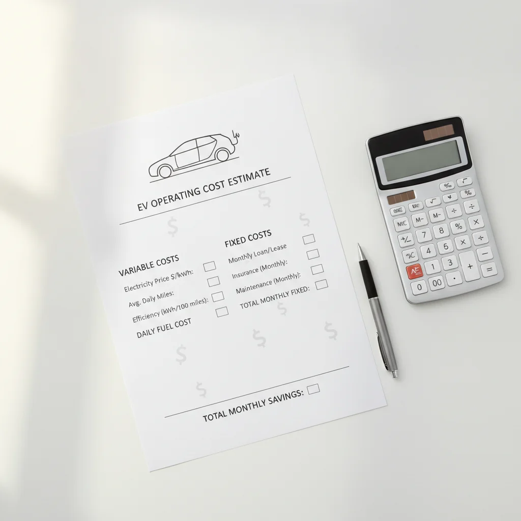 EV charging cost calculation worksheet with vehicle silhouette, kilowatt-hour labels, and calculator on white desk