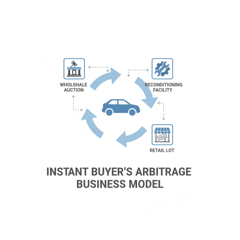 Diagram showing how an instant buyer acquires a car and resells it through reconditioning and retail channels