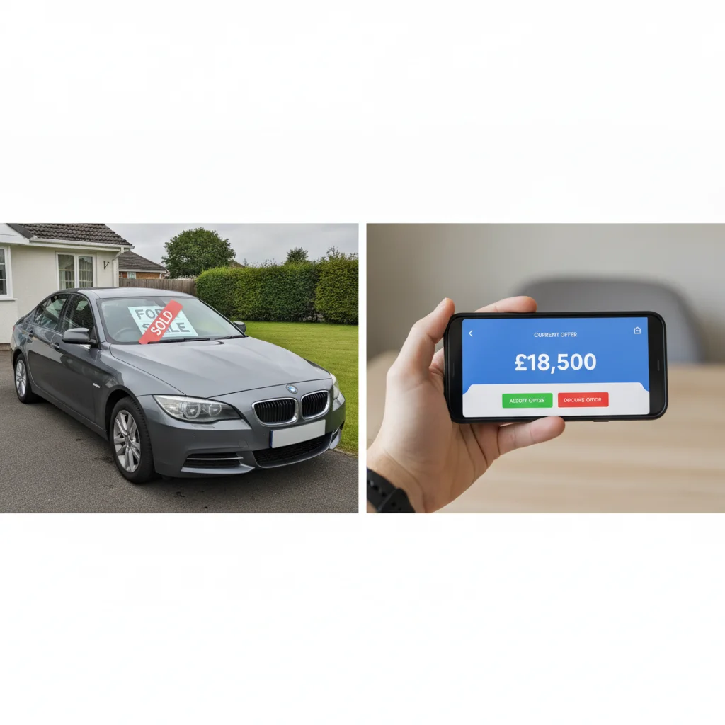Split image comparing a private car sale with a for-sale sign versus a digital instant offer on a smartphone screen