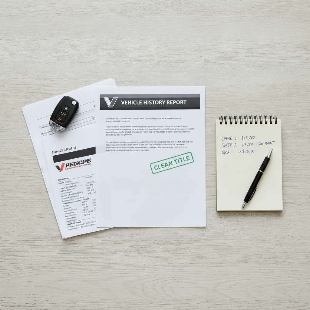 Car key, vehicle history report, service records, and notepad with offer numbers arranged for comparison