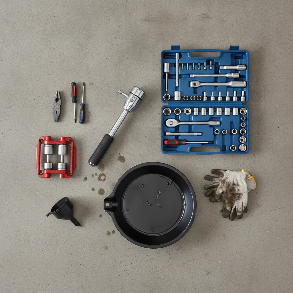 Flat lay of car maintenance tools including torque wrench, socket set, and oil drain pan on garage floor