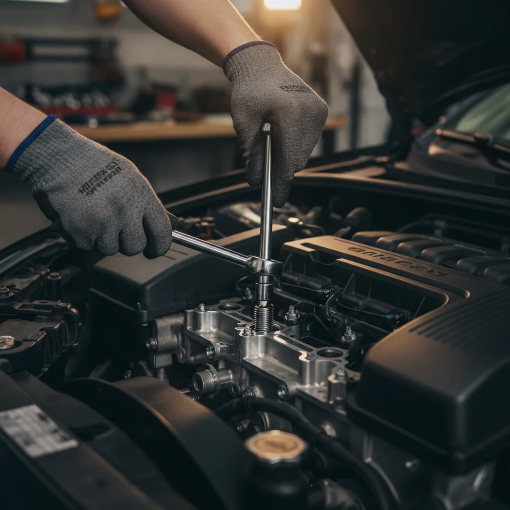 Hands installing a spark plug into a car engine using a socket wrench in a well-lit garage