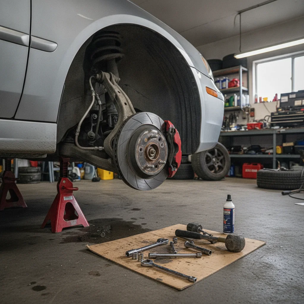 Car raised on jack stands with wheel removed showing brake rotor and caliper in a home garage
