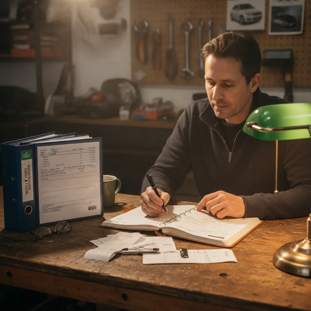 Person reviewing a vehicle maintenance logbook and service receipts organized in a binder at a workbench