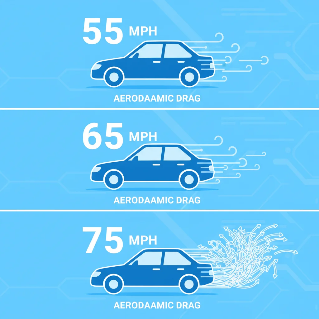 Diagram showing aerodynamic drag forces increasing significantly as vehicle speed rises from 55 to 75 mph
