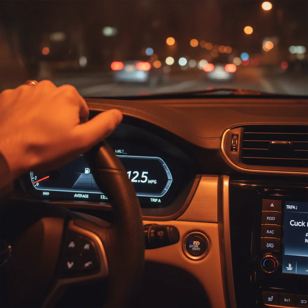 Car dashboard trip computer displaying low fuel economy figure with driver's hand visible on steering wheel
