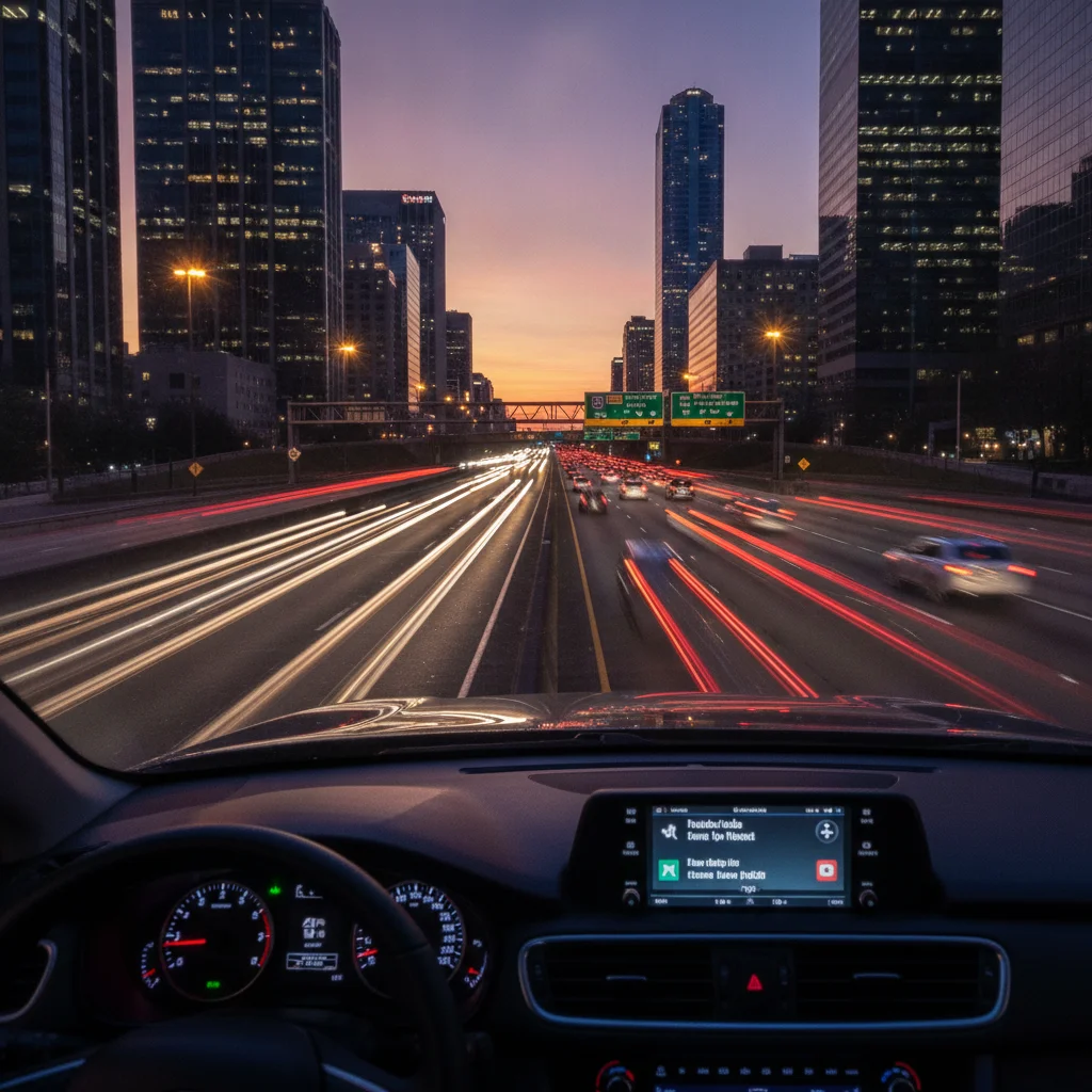 Driver's perspective view of a wide highway at dusk with vehicles traveling at varying speeds across multiple lanes