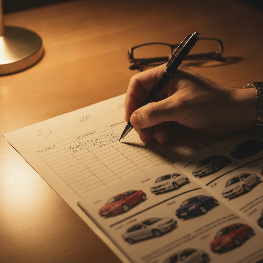 Hand writing used car ownership cost breakdown on a detailed financial worksheet with multiple expense columns
