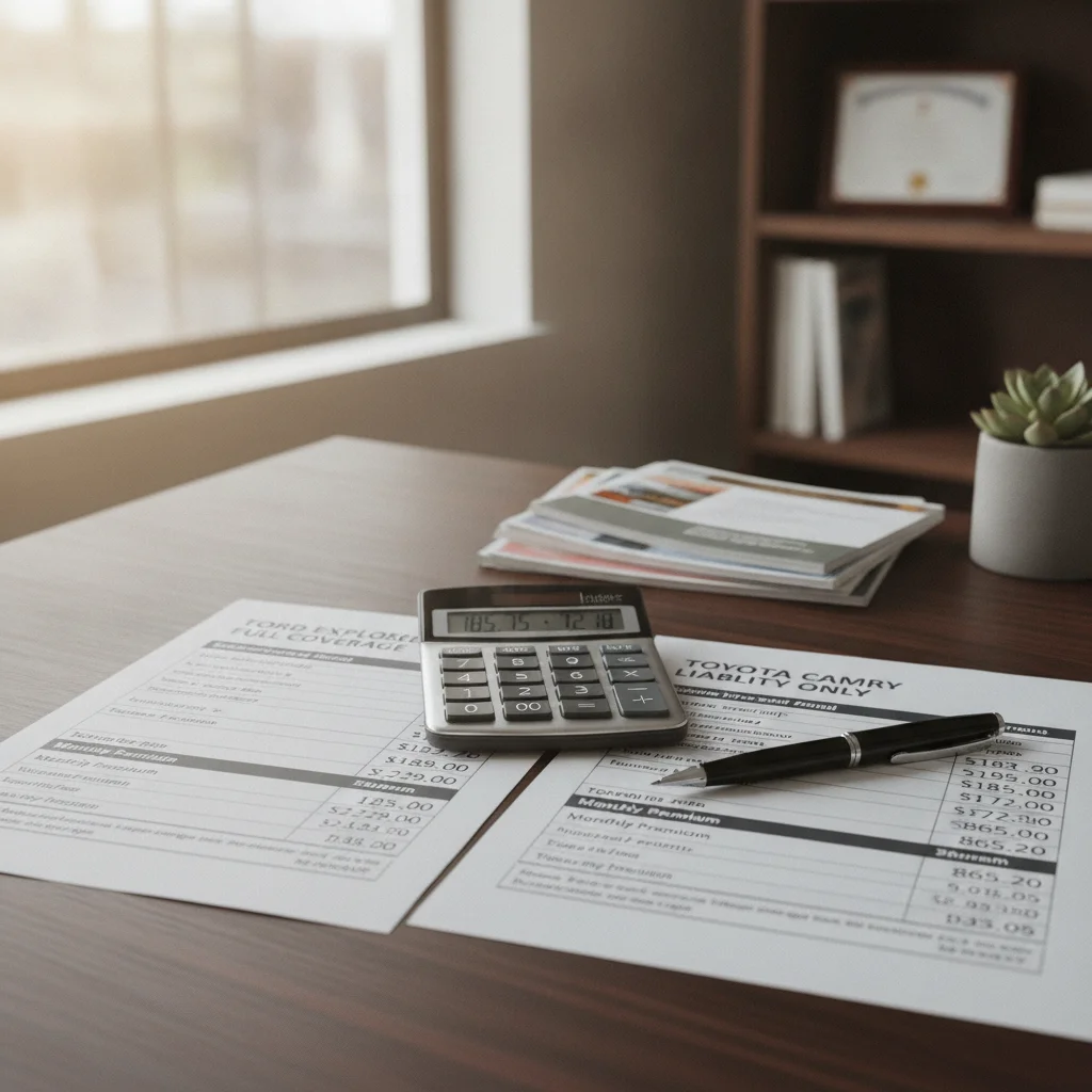 Two auto insurance quote documents side by side on a desk with calculator showing premium comparison
