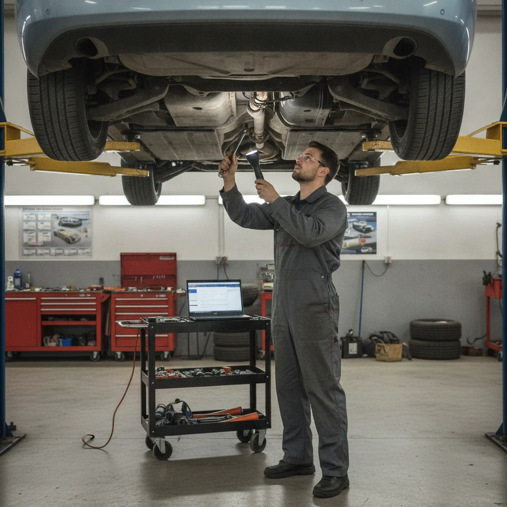 Mechanic performing pre-purchase inspection on a used car lifted in a professional automotive garage