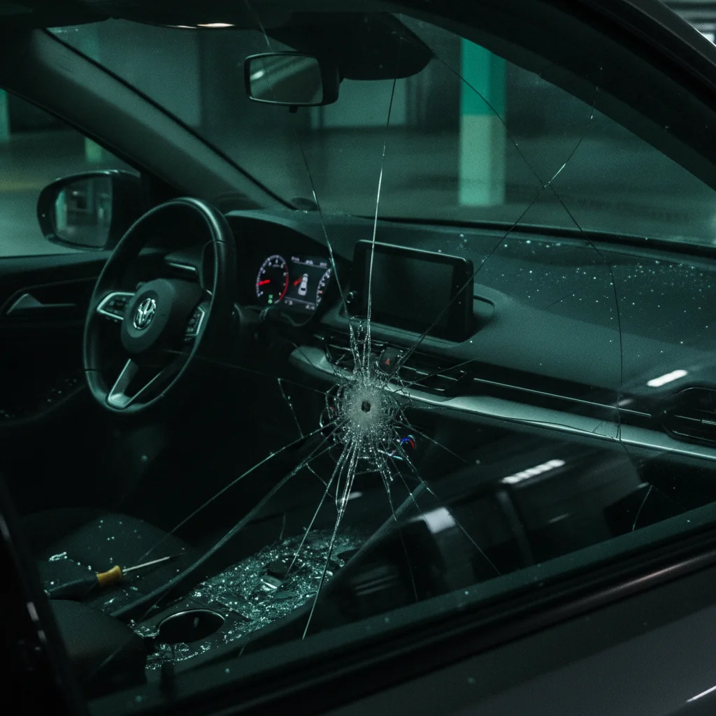 Shattered car window with broken glass on driver's seat in a parking garage