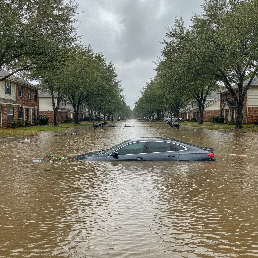 Car partially submerged in floodwater on a residential street after heavy rain